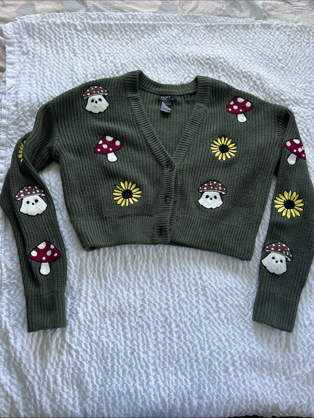 Olive Green Cropped Cardigan with Mushroom & Daisy Appliqués*